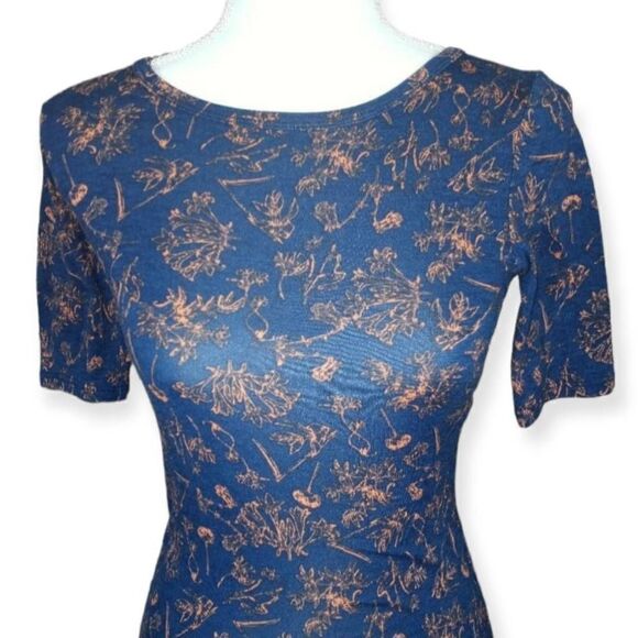 LULAROE NAVY & TAN FLORAL BODYCON DRESS SZ.XXS EUC. - Picture 2 of 7